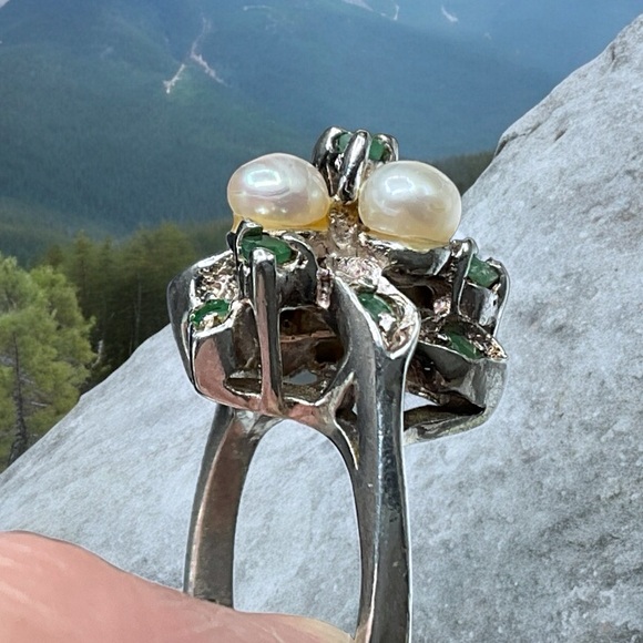 🌺Vintage Sterling Genuine Emerald/Pearl Ring - Picture 10 of 12